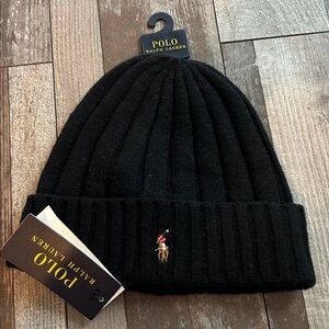 Polo by Ralph Lauren Black Ribbed Beanie with Pony Logo